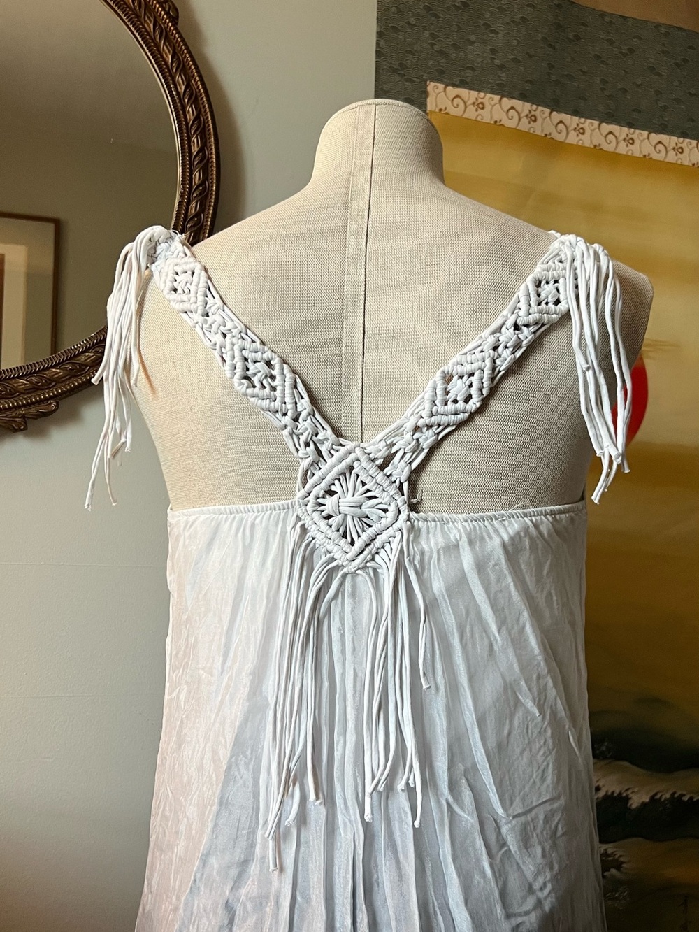 Belle silk white Macramé Fringe-Back, black and white ombré dress